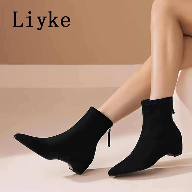 Liyke Autumn Winter Keep Warm Short Plush Chelsea Boots Women Elastic Suede Pointed Toe Low Square Heels Shoes Zip Ankle Booties