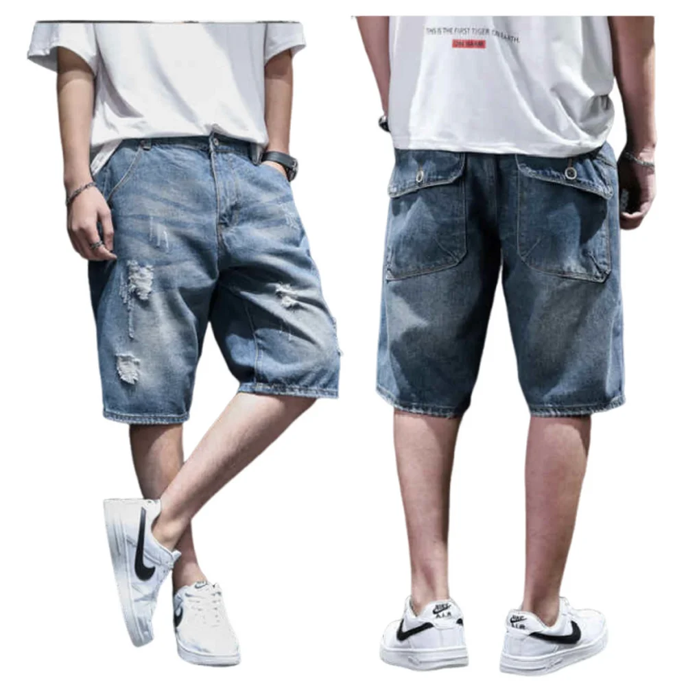 Summer Rpped Jean Shorts With Big Pocket ,Youth Men Loose Fit Hollow Out Beggar Denim Shorts