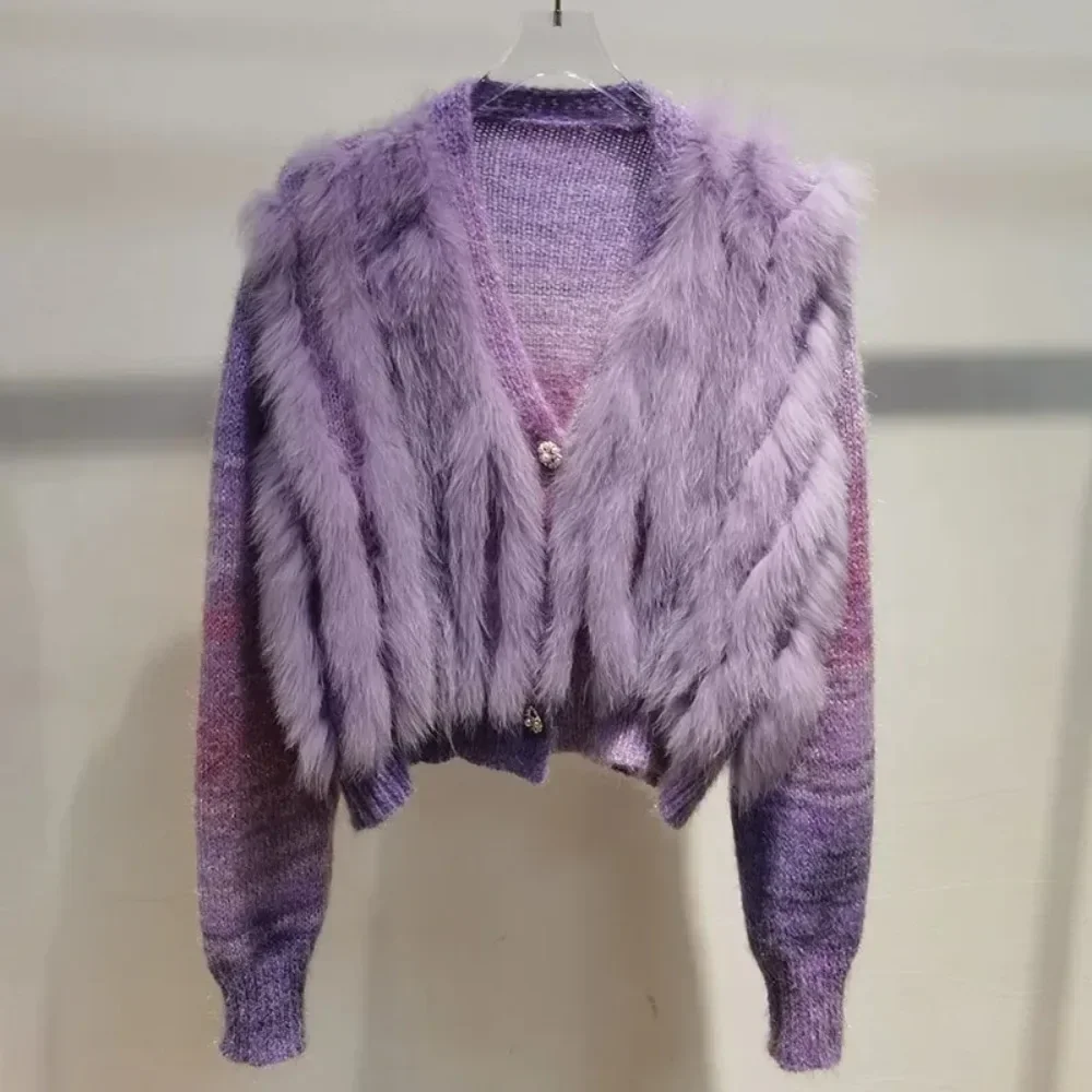 2024 แฟชั่นผู้หญิงขนสุนัขจิ้งจอกธรรมชาติเสื้อสเวตเตอร์ถักเสื้อขนสุนัขจิ้งจอกจริงขนสัตว์หลวมหญิง Cropped เสื้อกันหนาวฤดูใบไม้ผลิสั้นถัก