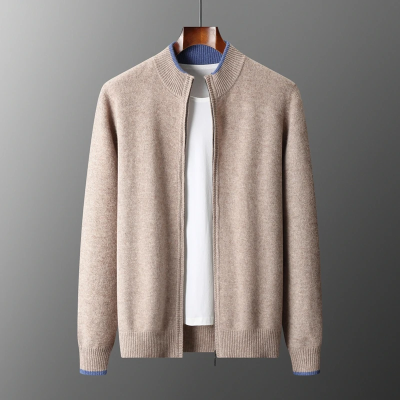 Autumn and winter new 100% merino wool cardigan men's semi-high collar color matching padded leisure cashmere knitted jacket