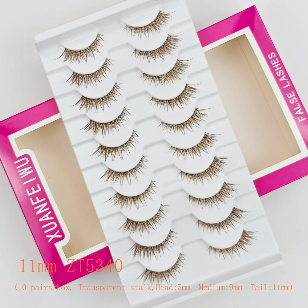 Xuanfeiwu natürliche schräge hellbraune karamellfarbene Wimpern mit transparentem Stiel, vorne kurz und hinten lang, länglich an der Außenecke, falsche Wimpern im Fuchsstil, einteiliges, natürliches Make-up, realistische Wimpern