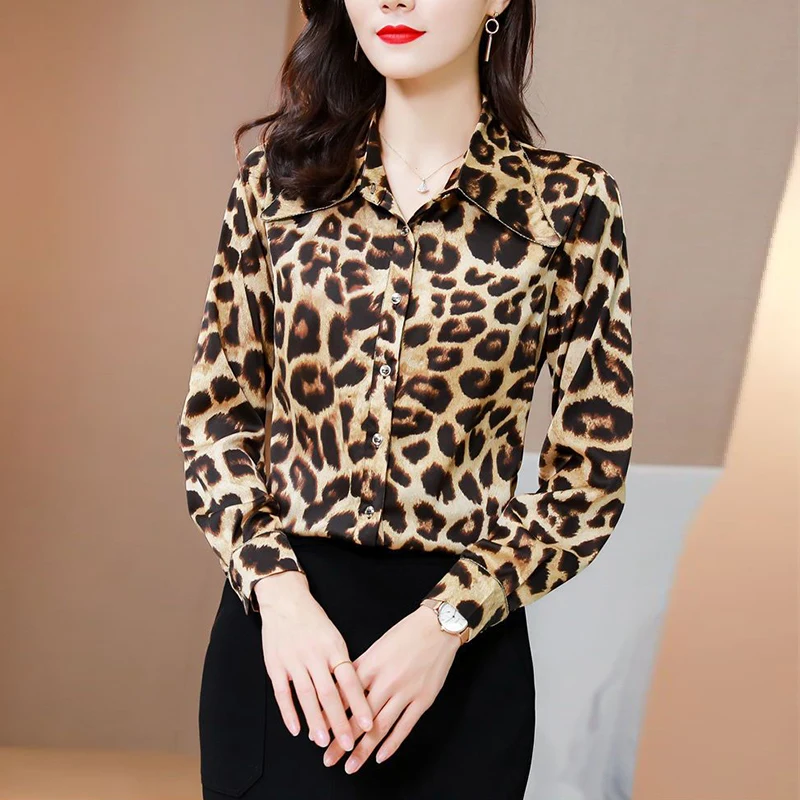 Spring Summer Vintage Leopard Print Casual Fashion Blouse Lady Long Sleeve Top Loose All-match Streetwear Cardigan Shirt Women