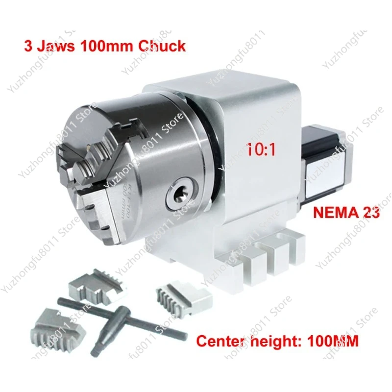 4th Axis Rotary Axis Gearbox Reducer NEMA 23 Stepper Motor  Indexing Head 3/4 Jaws 100MM Chuck Engraving Machine Tool