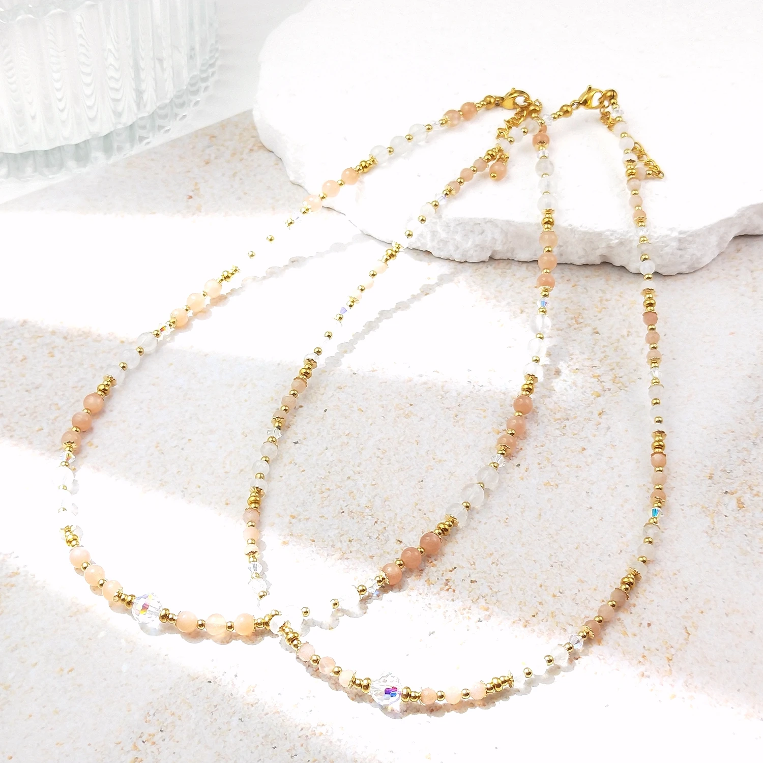 

Lii Ji Mix Color Sunstone Moonstone Natural Stone 3-4mm Stainless Steel 14K Gold Filled Necklace For Women Girls Gift 38+3cm