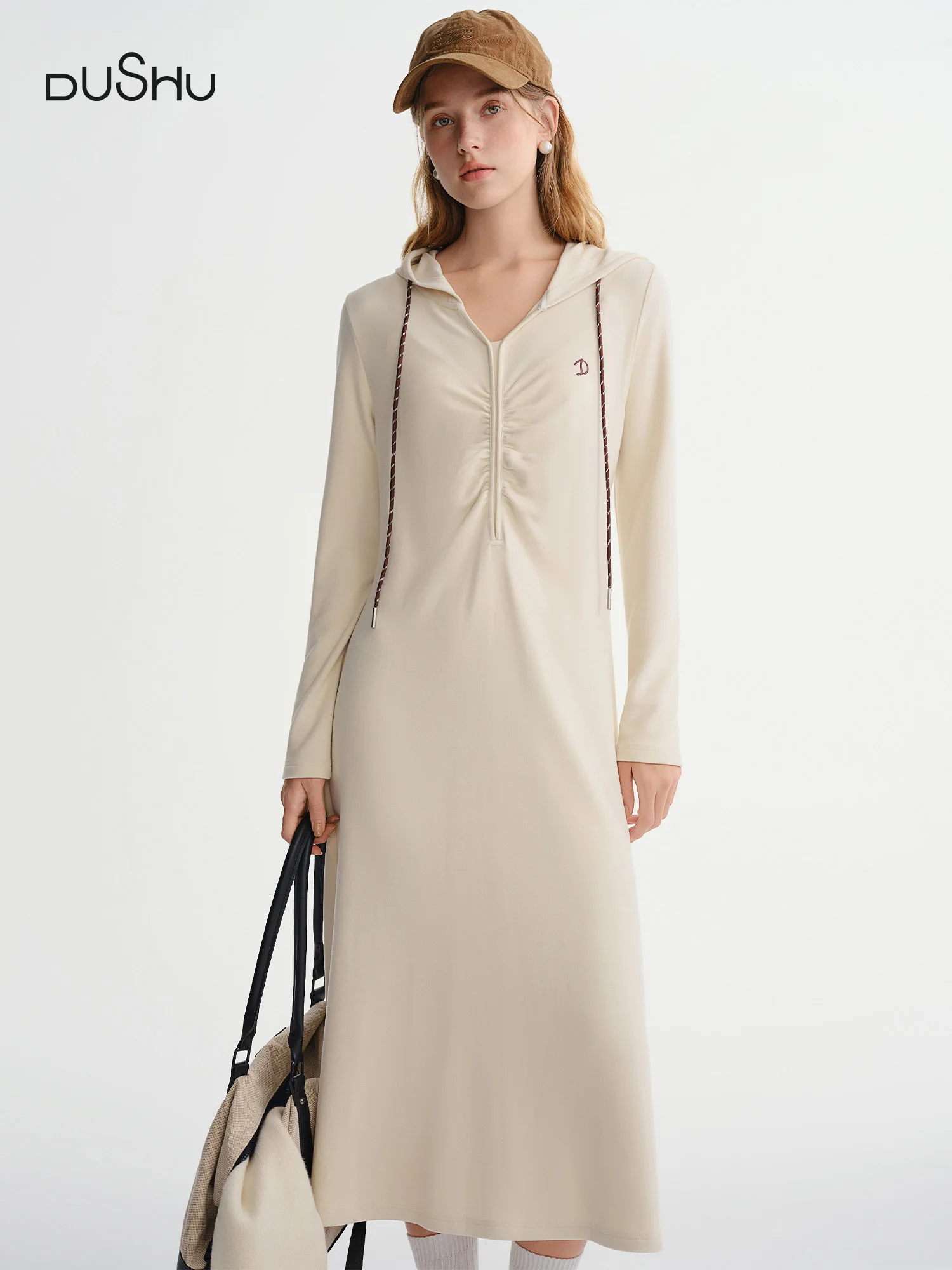 

DUSHU Plus-size Women's Casual Hooded Pleated Waist Dress - Winter 2025 from the Active Moments Collection Stylish Flattering