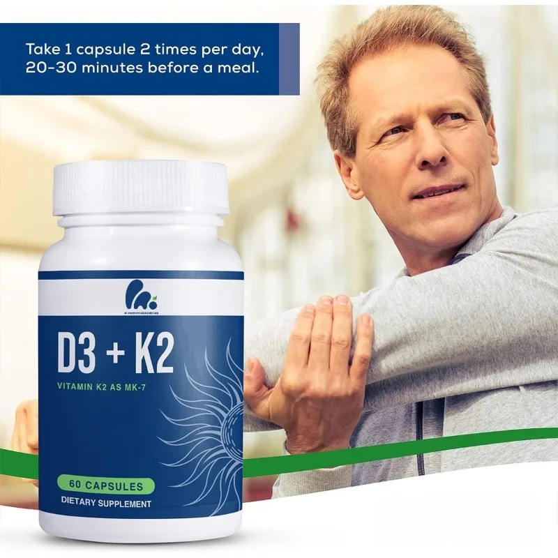 Vitamin D3 K2 Supplement Contains Bioperine Black Pepper Extract - Bone Health Support 60 Capsules Vegetarian Capsules
