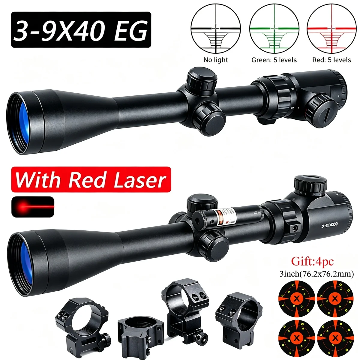 3-9X40 EG Tactical Optics Riflescope Red Green Illuminated Cross Reticle Red Laser Hunting Scope Fit 11mm & 20mm Picatinny Rail