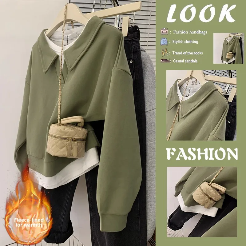 

Green Fleece Lined Thickened Neck Sweatshirt Women's Autumn Winter Fashion Outerwear Korean Style Loose Fit Long Sleeve
