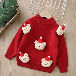 Autumn Winter Clothing Christmas Children's Sweater Thickened Boys and Girls Cartoon Bear Hand-knitted Bottoming Shirt