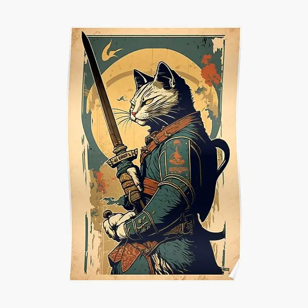 Samurai Cat Holding A Katana Vintage Pos  Poster Modern Print Art Home Painting Decoration Decor Vintage Picture Room No Frame