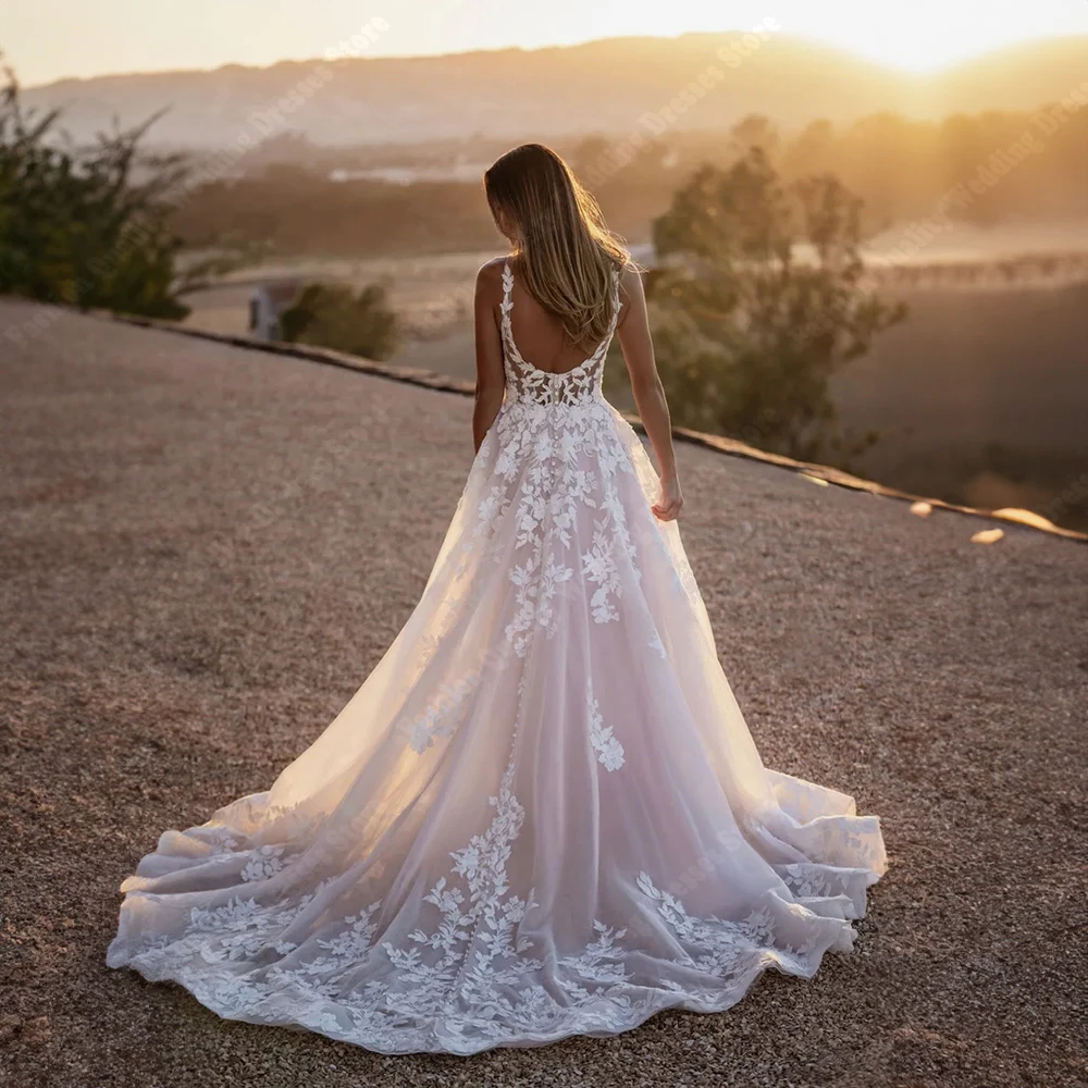 Vestidos De Novia sin mangas con cuello cuadrado para mujer, Vestidos De Novia De tul brillante, longitud para fregar, sin espalda, personalizados