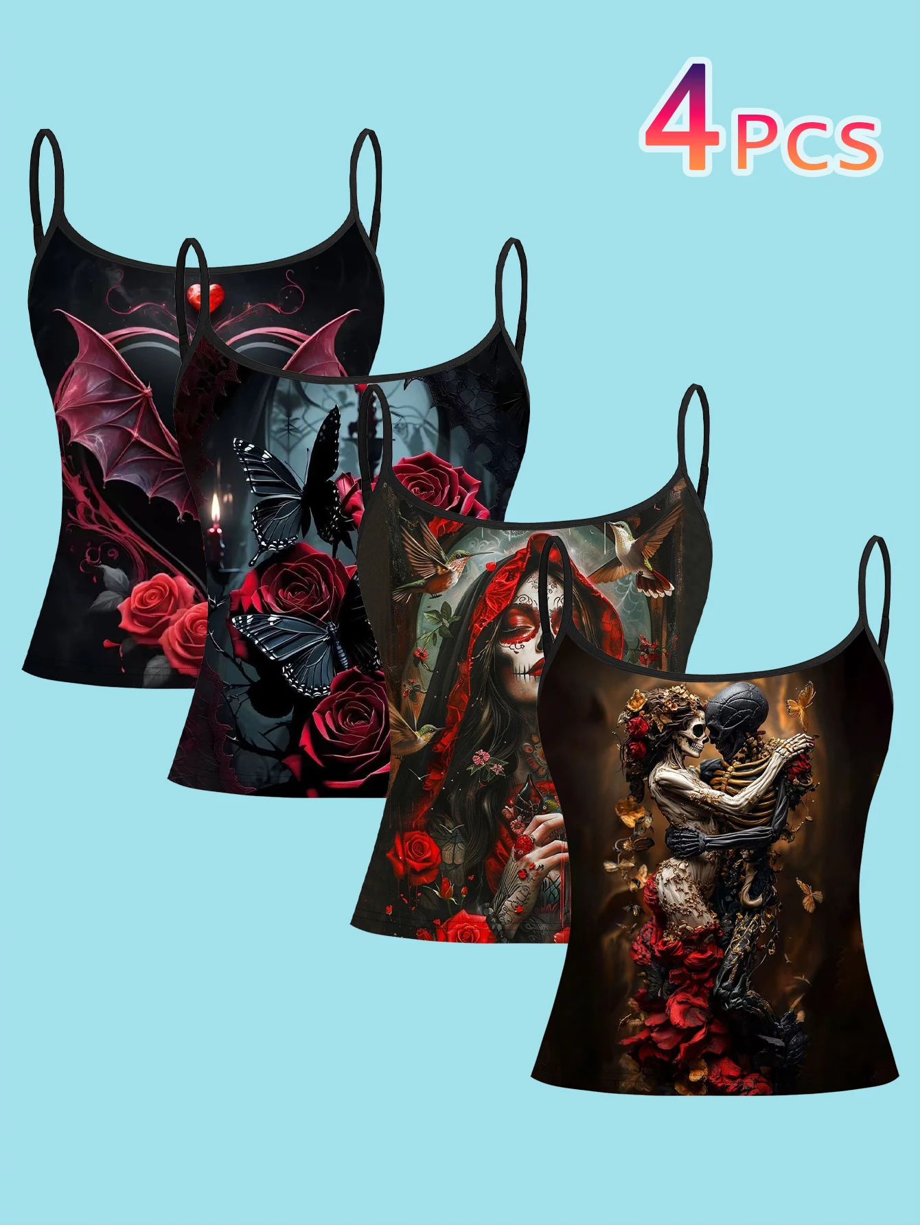 4-Piece Set of Gothic Skull, Undead Rose, Bat, and Butterfly Print Camisoles, Dark Retro Undead-Themed Women's Slim-Fit Spaghetti Strap Sleeveless Tops for Outerwear or Layering