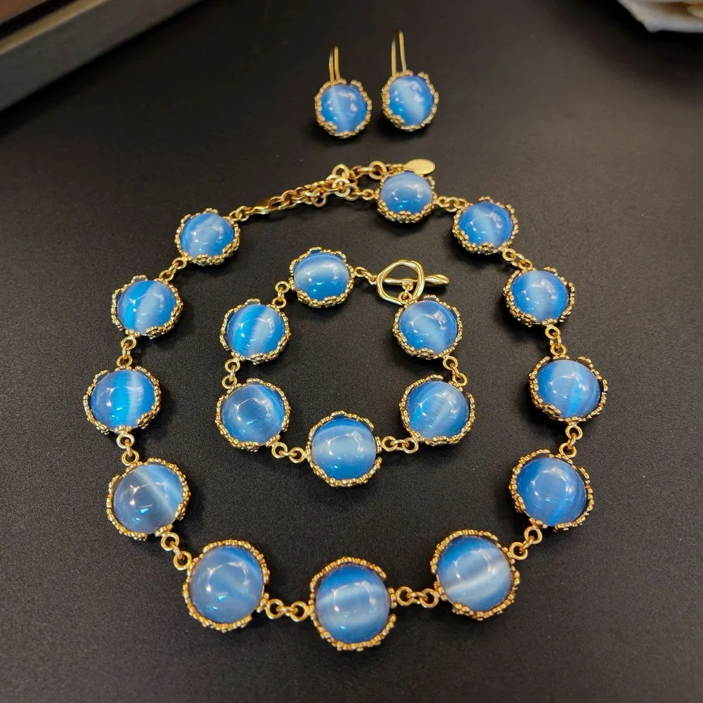 

Blue White Opal Flower Relief Pattern Bottom Ear Hook Bracelet Necklace Jewelry Set for Women Statement Bridal Christmas Jewelry