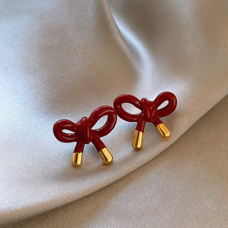 خمر قطرة النفط الأحمر Bowknot وأقراط للنساء الفتيات أزياء لطيف الحلو الأذن ثقب المجوهرات اكسسوارات هدايا