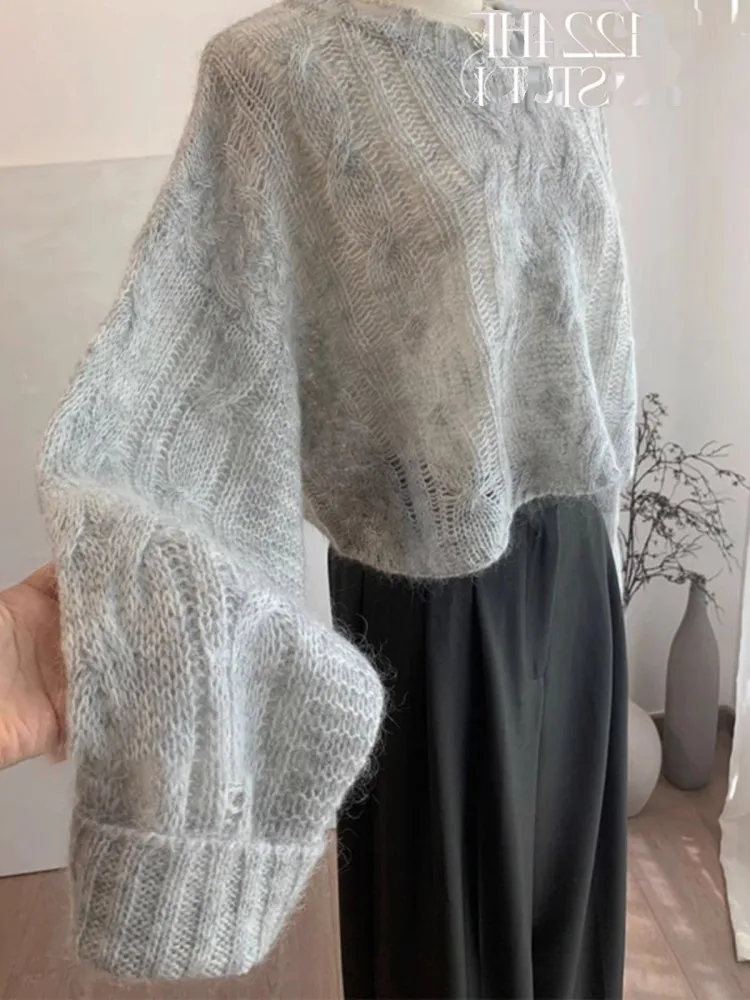 

Advanced Gray Knitted Top For Women'S Autumn And Winter New Design, Unique Mohair Hollow Pullover Sweater