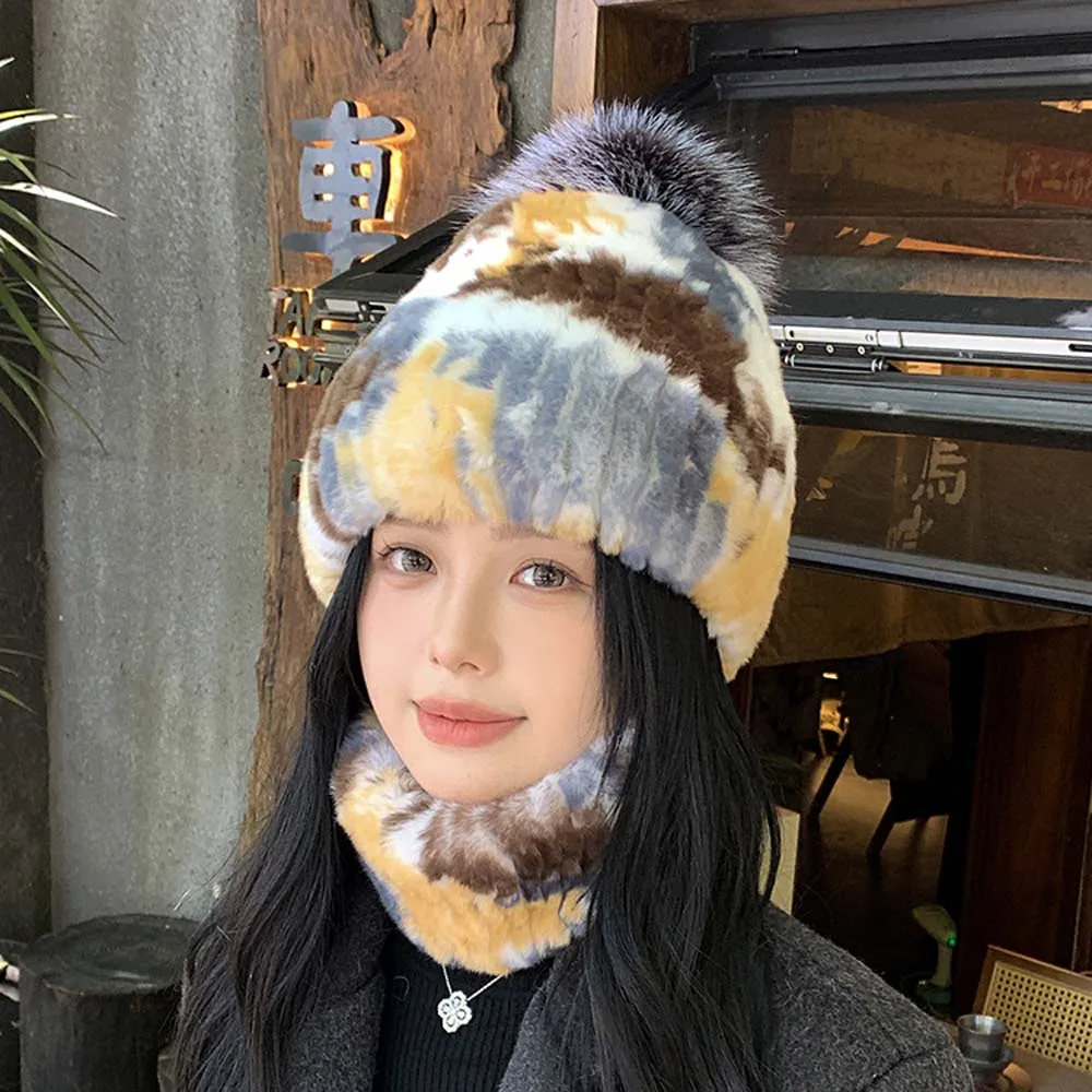 النساء الشتاء ريكس الأرنب الفراء قبعة الرقبة أدفأ موضة الدافئة الإناث ريال فوكس الفراء Pompom الكرة قبعات ريكس الأرنب الفراء الرقبة أدفأ مجموعة #5