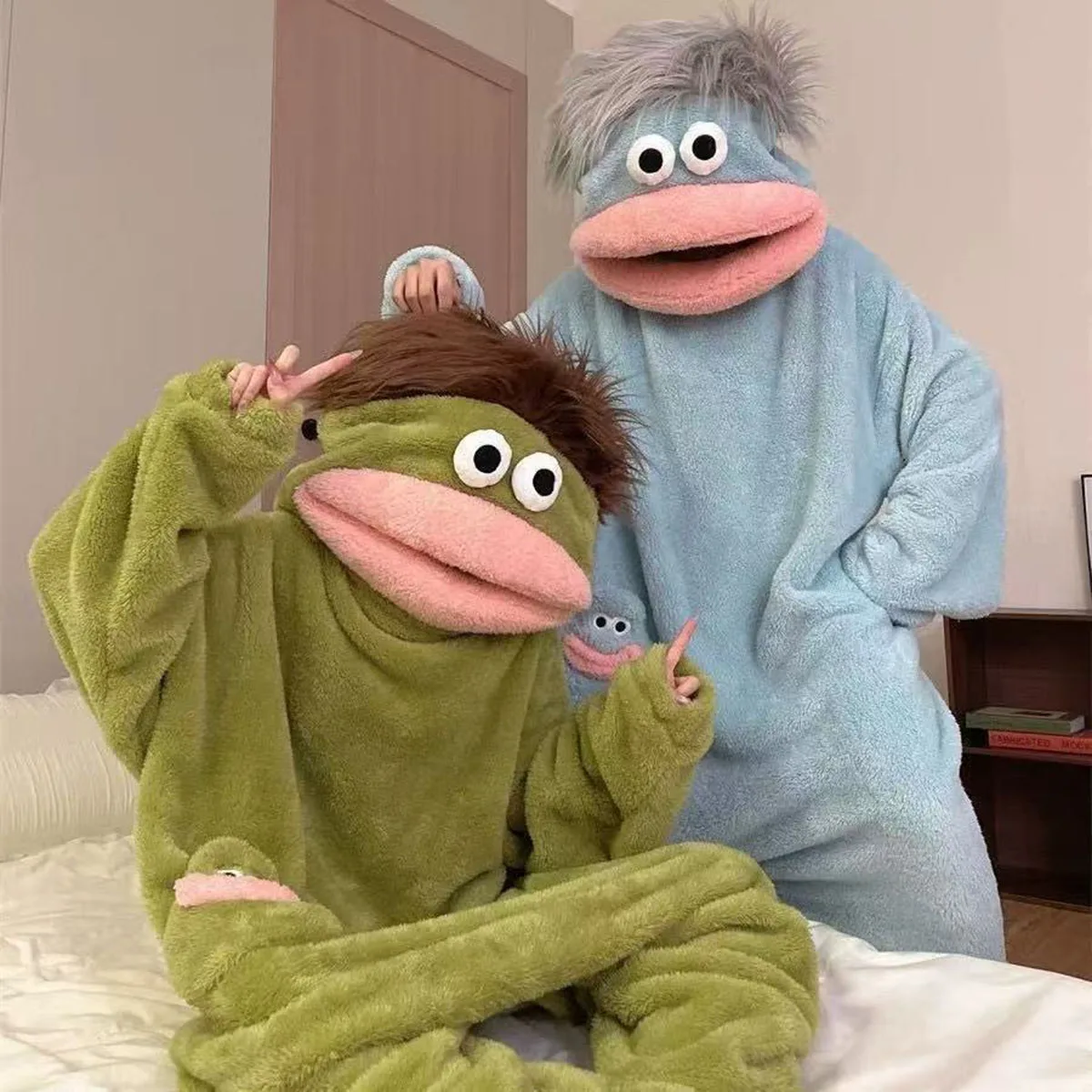Hot Big Mouth Monster Cute Funny Onesie Pajamas Thickened Coral Fleece Homewear For Couples Men Women Autumn Cartoon Pajamas