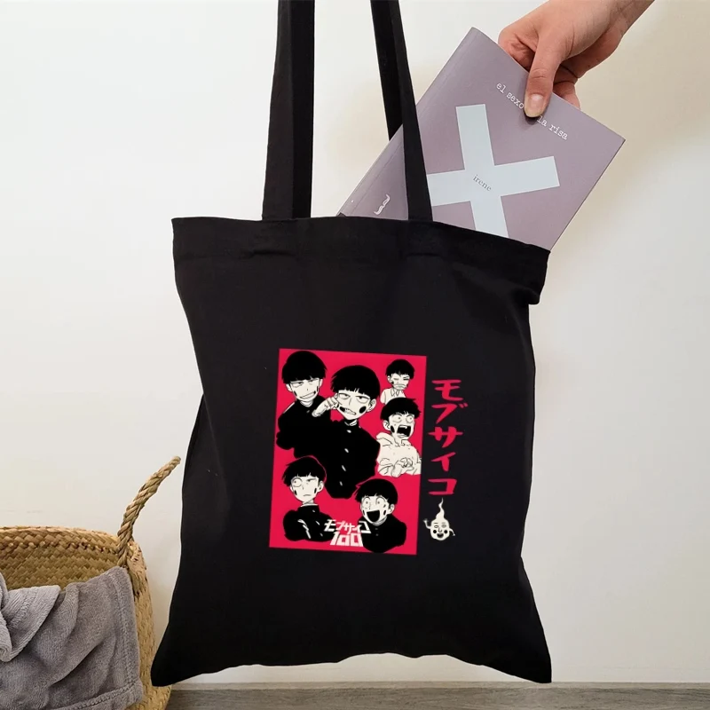 Mob Psycho 100 One Anime Manga Shigeo Kageyama Printed Black Canvas BagsFunny Kawaii Unisex Fashion Travel Shopping Bag