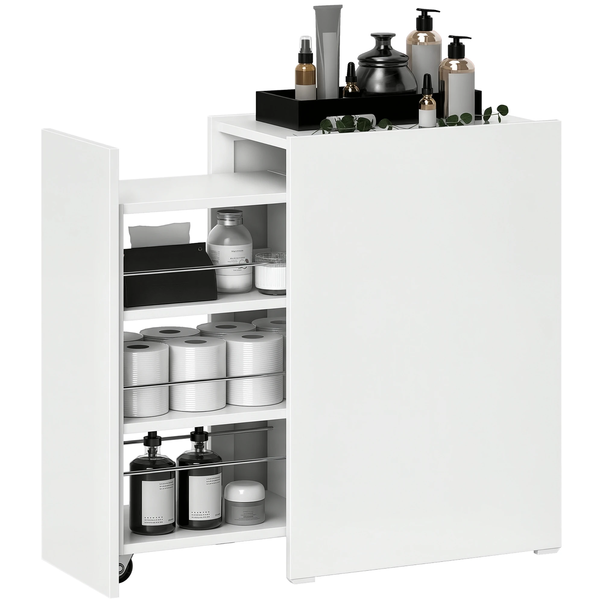 HOMCOM Mueble de Baño Estrecho con Cajón y Ruedas Organizador Independiente con 3 Compartimentos 47x30x66,5 cm Blanco