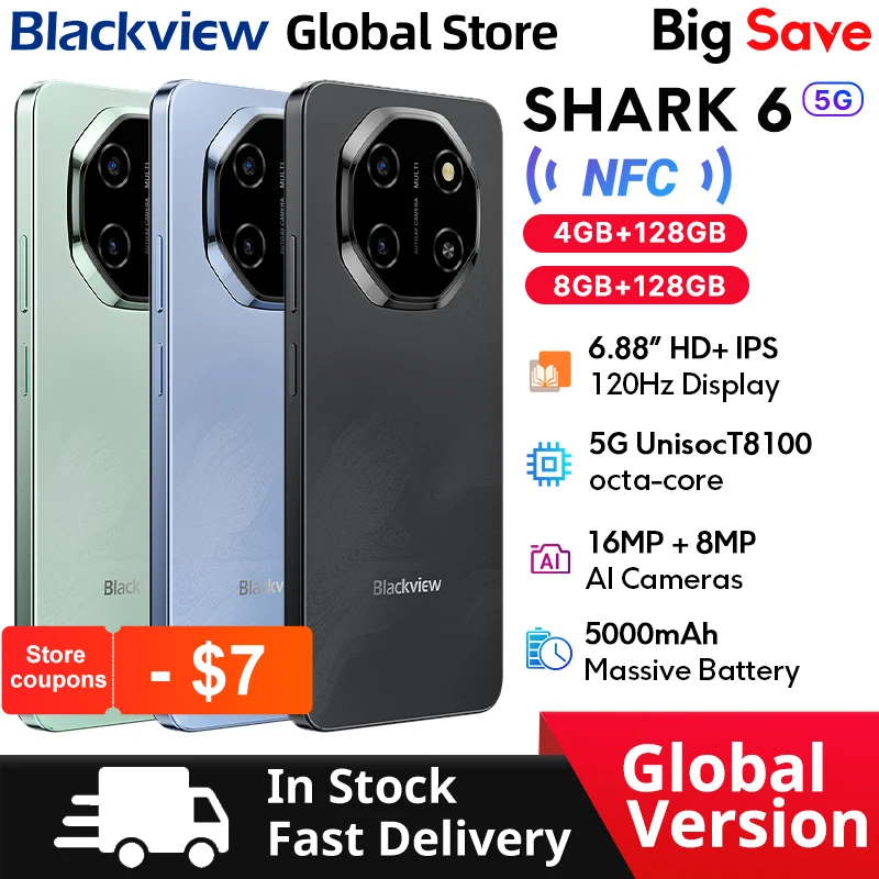 New Blackview Shark 6 Smartphone 5G 6.88-inch HD+ IPS 120Hz Display NFC 8GB 128GB Unisoc T8100 CPU 5000mAh Android 15 Cellphone