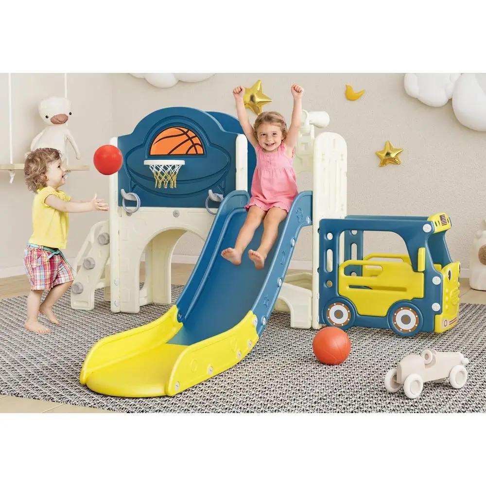 

Multi-Functional Toddler Slide, Bus-Themed Playset with Basketball, Ring-Toss, Car Playhouse for Indoor and Outdoor Fun