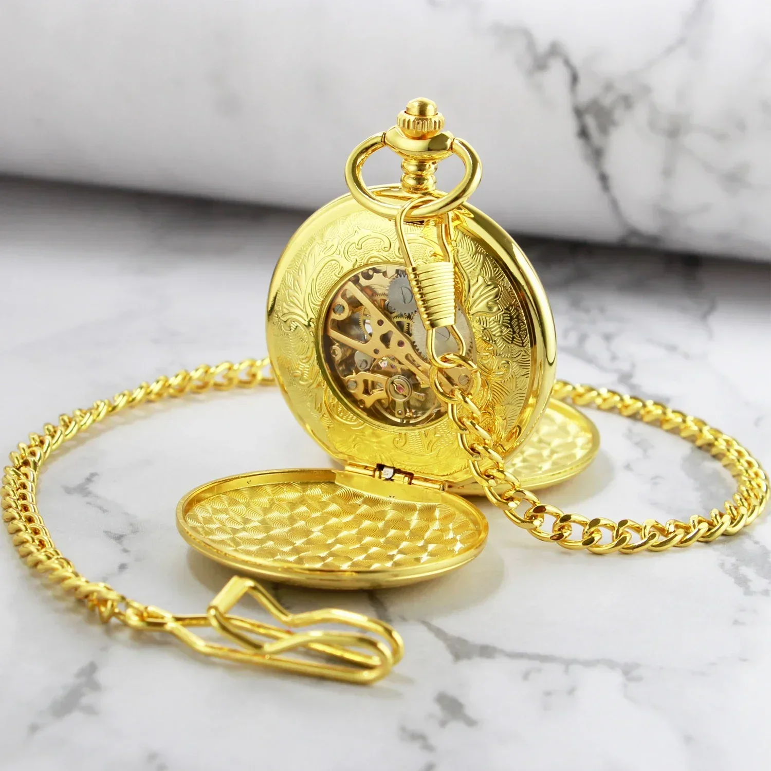 Luxury Gold Mechanical Hand Wind Pocket Watches Vintage 2 Sides Open Case Men's Pendant Watch Gift