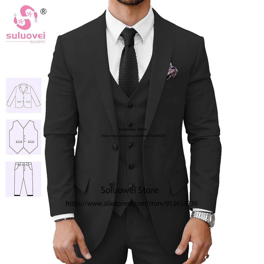 

Classic Black Slim Fit Suits For Men Business 3 Piece Pants Set Formal Groom Wedding Prom Tuxedo Blazer Terno Masculino Completo