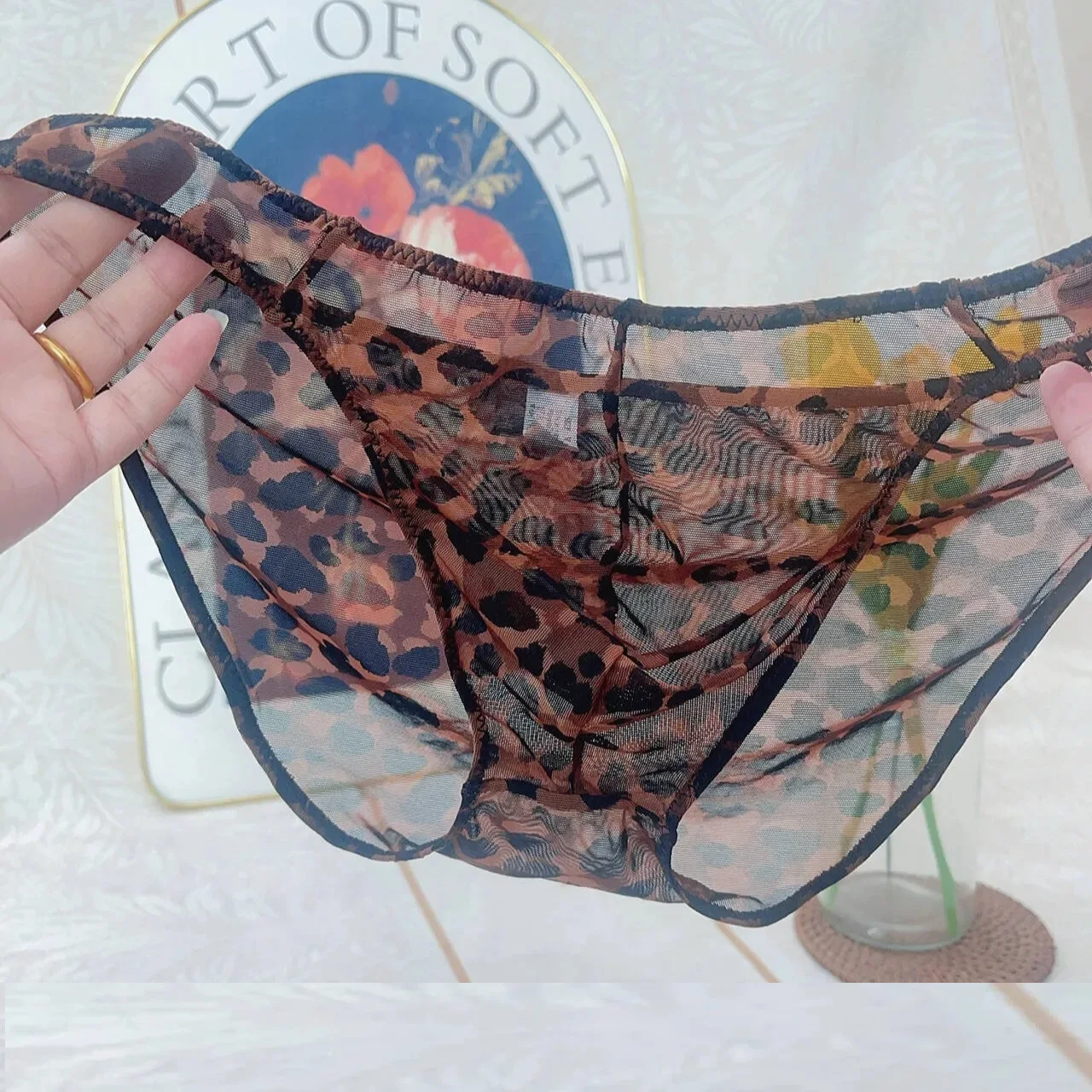 Man's Sexy Half Sheer Leopard Pink Breifs Panties Live Show Dance DJ Club Bar FKK Private Party