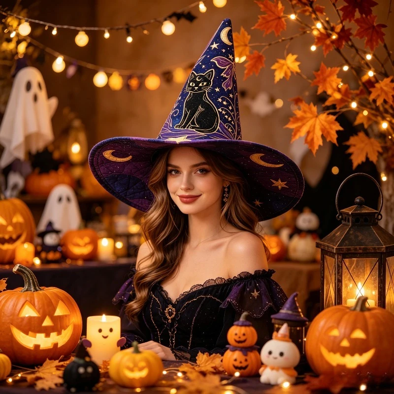 Customization Halloween QUILTED Purple Witch Hat With Black Cat Moon Star Printing, Vintage Cottagecore Wizard Hat, Wearable Hal