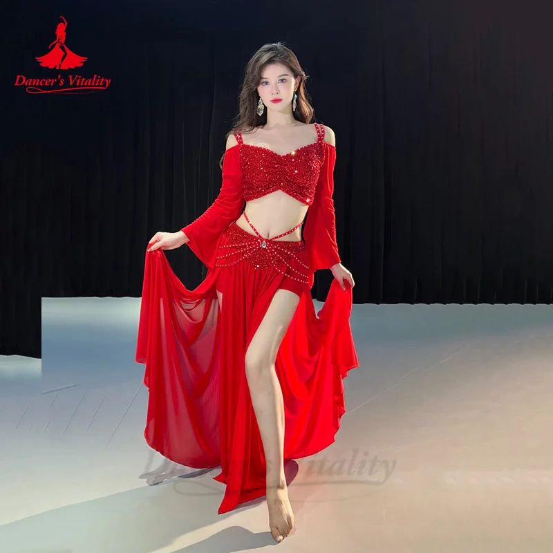 Belly Dance Costume Set for Women Mesh Long Sleeves Top+gauze Long Skirt 2pcs Training Set Oriental Belly Dancing Wear Outfit