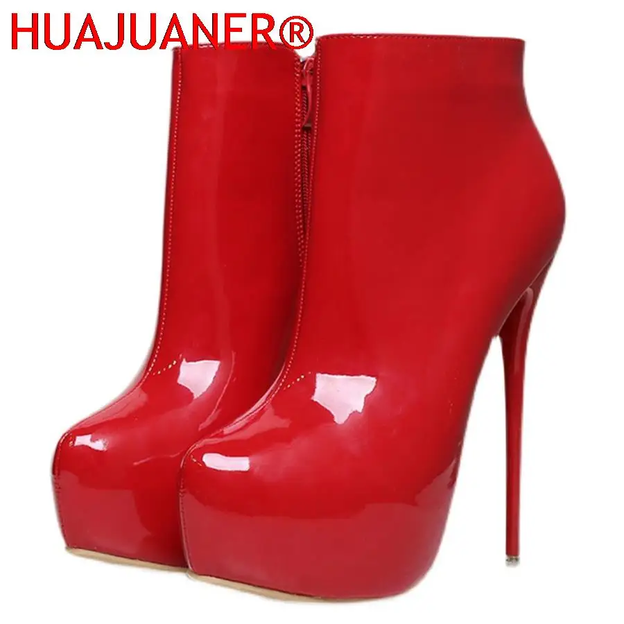 Big Size 35-47 Patent Leather Women Boots Round Toe Side Zipper Super High Heels 16CM Pumps 2023 Sexy Platform Party Shoes Woman