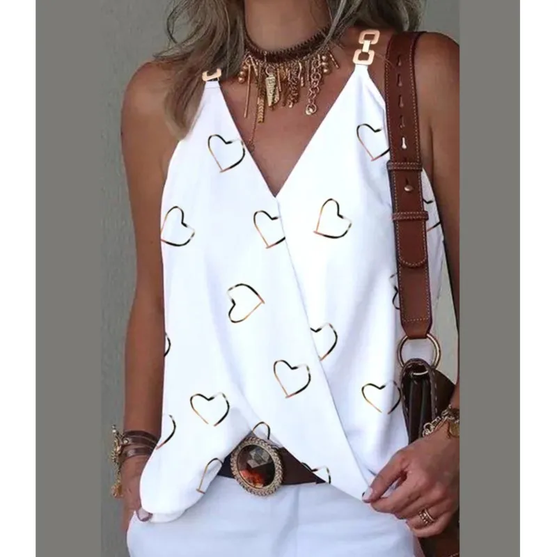 2024 Summer V-neck Metal Buckle Printed Tank Top For Women Loose Sleeveless Pullover Blouse Femme Blusas Camisas Feminina