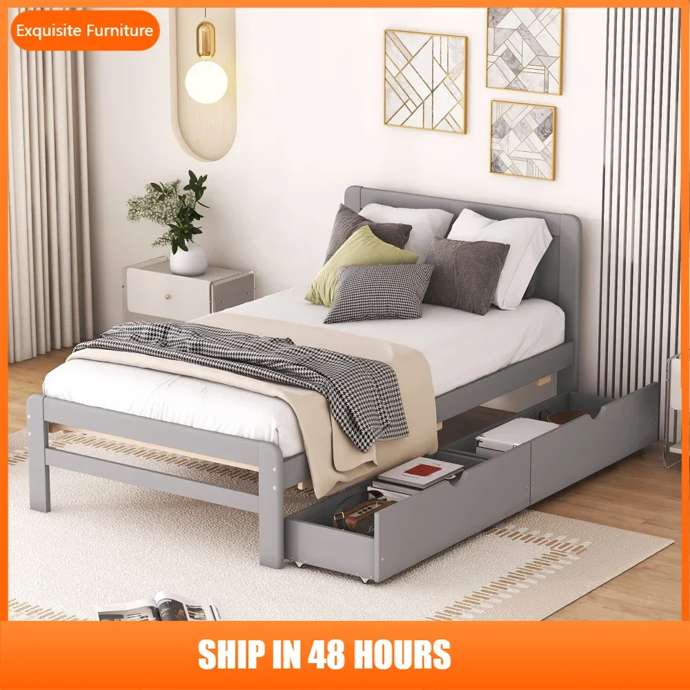 

Modern Design Twin Size Platform Bed Frame with 2 Drawers for Grey Color
