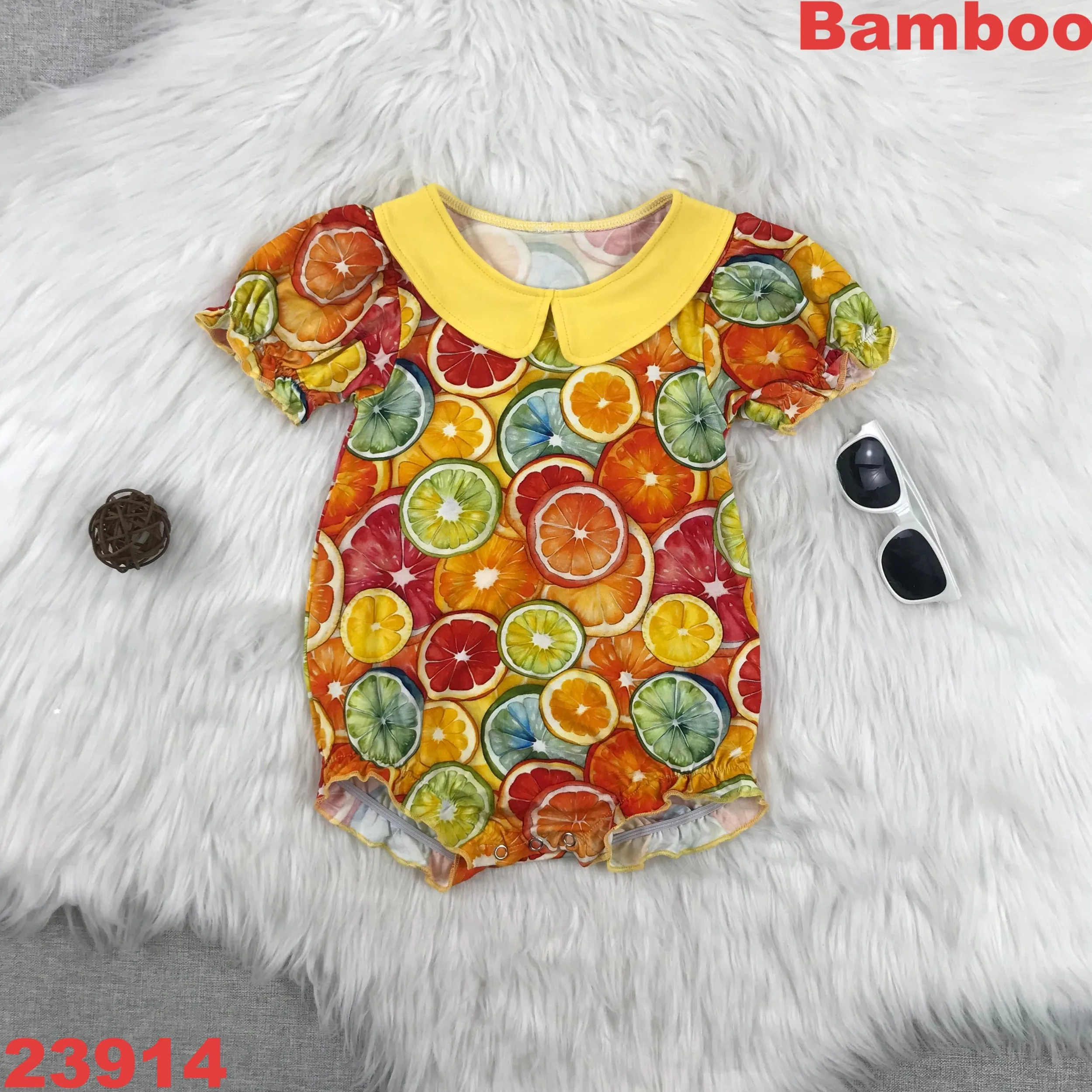 Lemon Bamboo Fiber Romper with Fruit Print Bubble Sleeves & Peter Pan Collar - Cute Newborn Romper