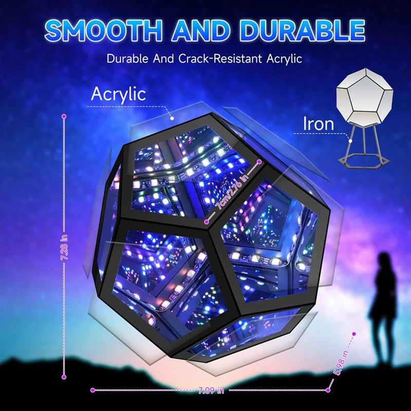 ABVJ-ضوء مرآة، ضوء Dodecahedron لا نهائي لديكور غرفة الألعاب، مكعب ثلاثي الأبعاد، إضاءة ليلية متغيرة الألوان RGB