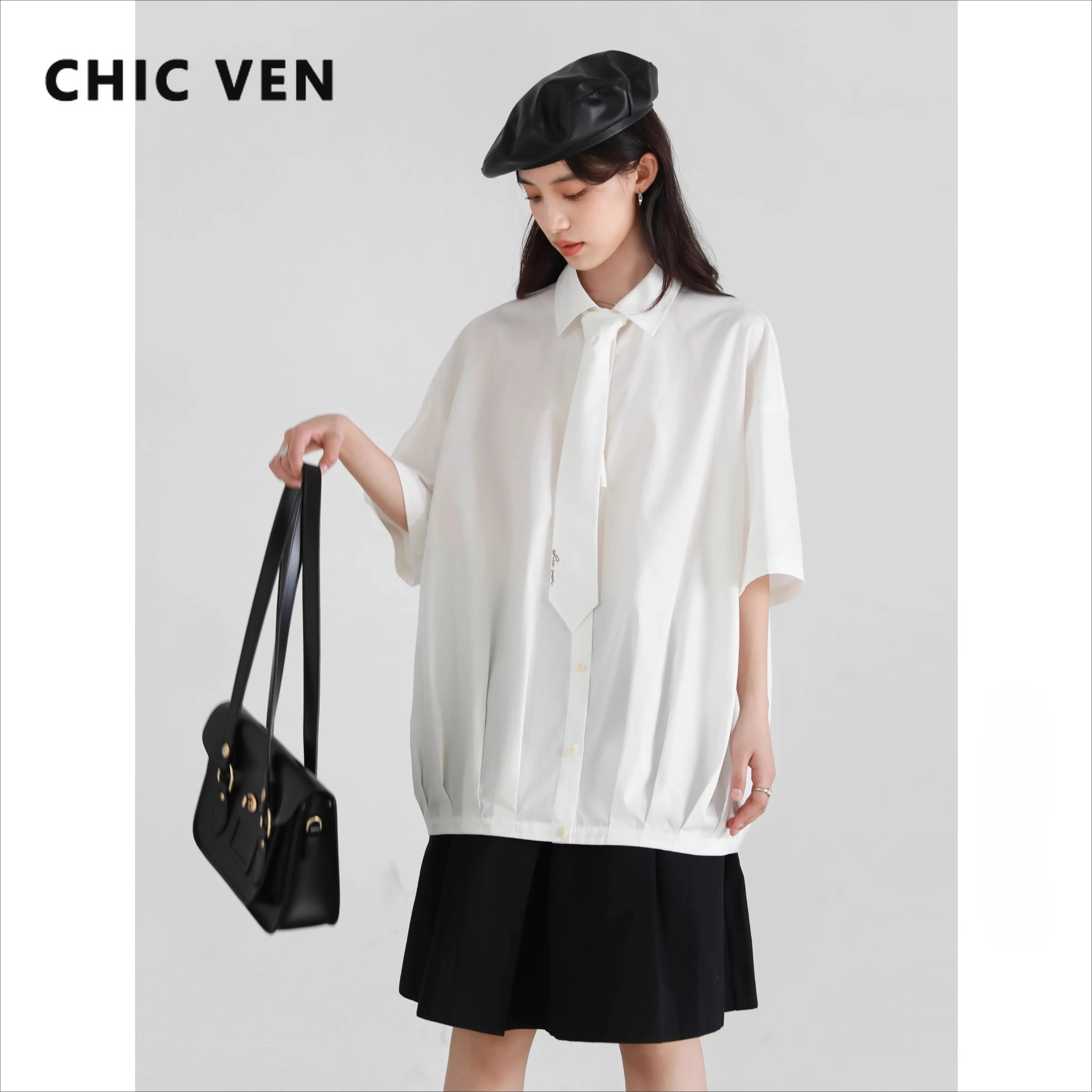 

CHIC VEN Women Shirt Single Breasted Loose Casual Solid Short Sleeved Shirt Design Female Top with Tie for Girl Summer 2025