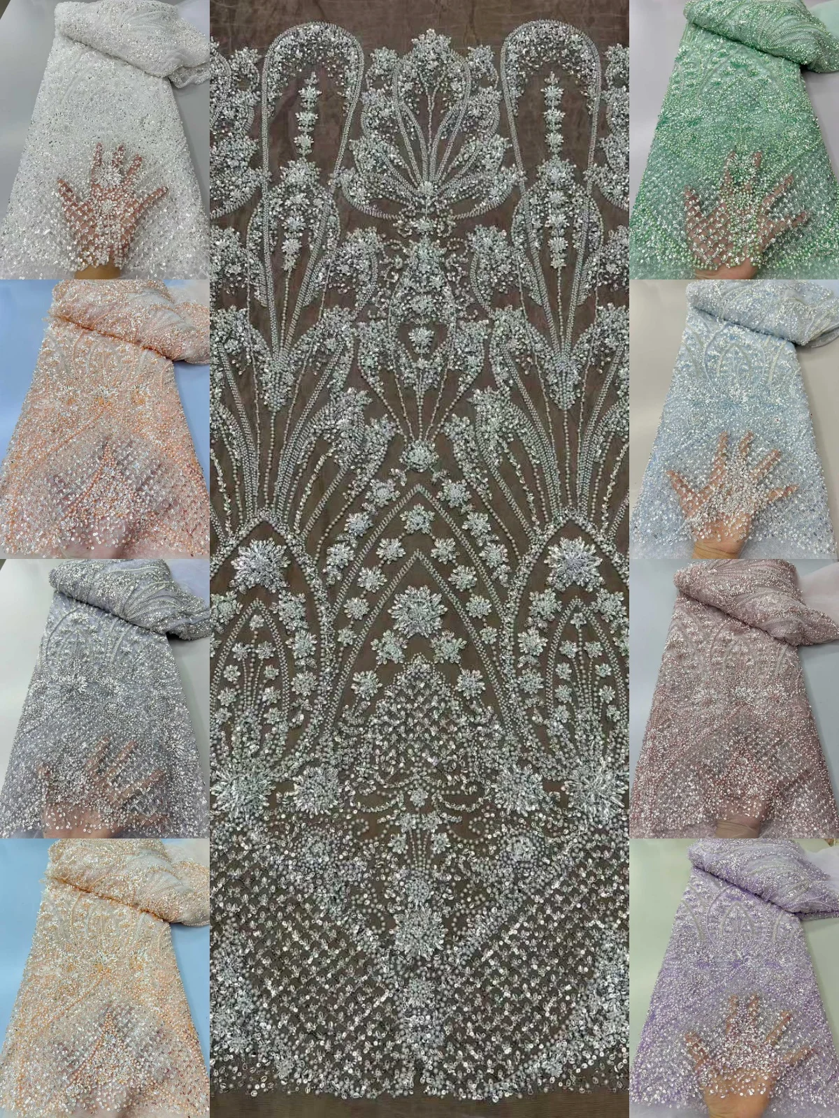 Роскошная африканская кружевная ткань, белый тюль, кружевная ткань, 2025 5 ярдов, тяжелый тюль с блестками и бисером, кружево для вечерние свадебных платьев A1697