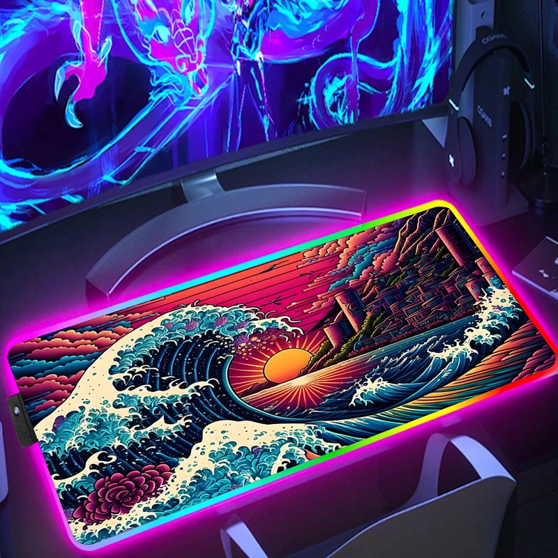 Imagem -05 - Grande Onda Arte Japonesa Backlight Jogos Legal Antiderrapante Grande Mouse Pad Rgb Acessórios de Escritório Brilho Mousepad Gamer Led Deskmat Xxl