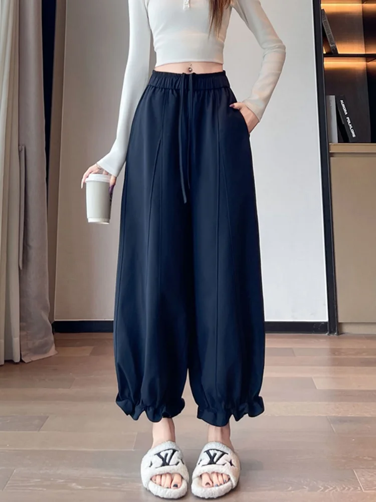 키 큰 여성용 하이웨이스트 카고 팬츠 한국 스타일 순색 랜턴 플라워 팬츠 통근용 바지