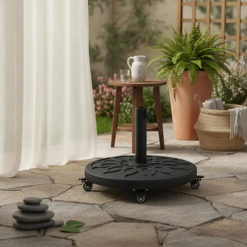 Base de sombrilla negra fabricada con PE, hormigón y hierro, compatible con varillas de Ø38 a 48 mm, soporte pesado con gran estabilidad para jardines y terrazas domésticas