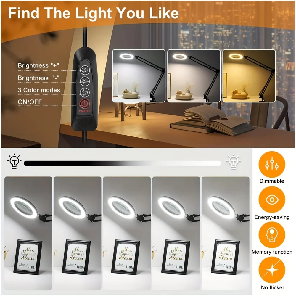 Large 10X Magnifying Glass with Light, Real Glass Stand Lighted Magnifier, 3 Color Modes Steepless Dimmable LED Magnifying Desk view 3