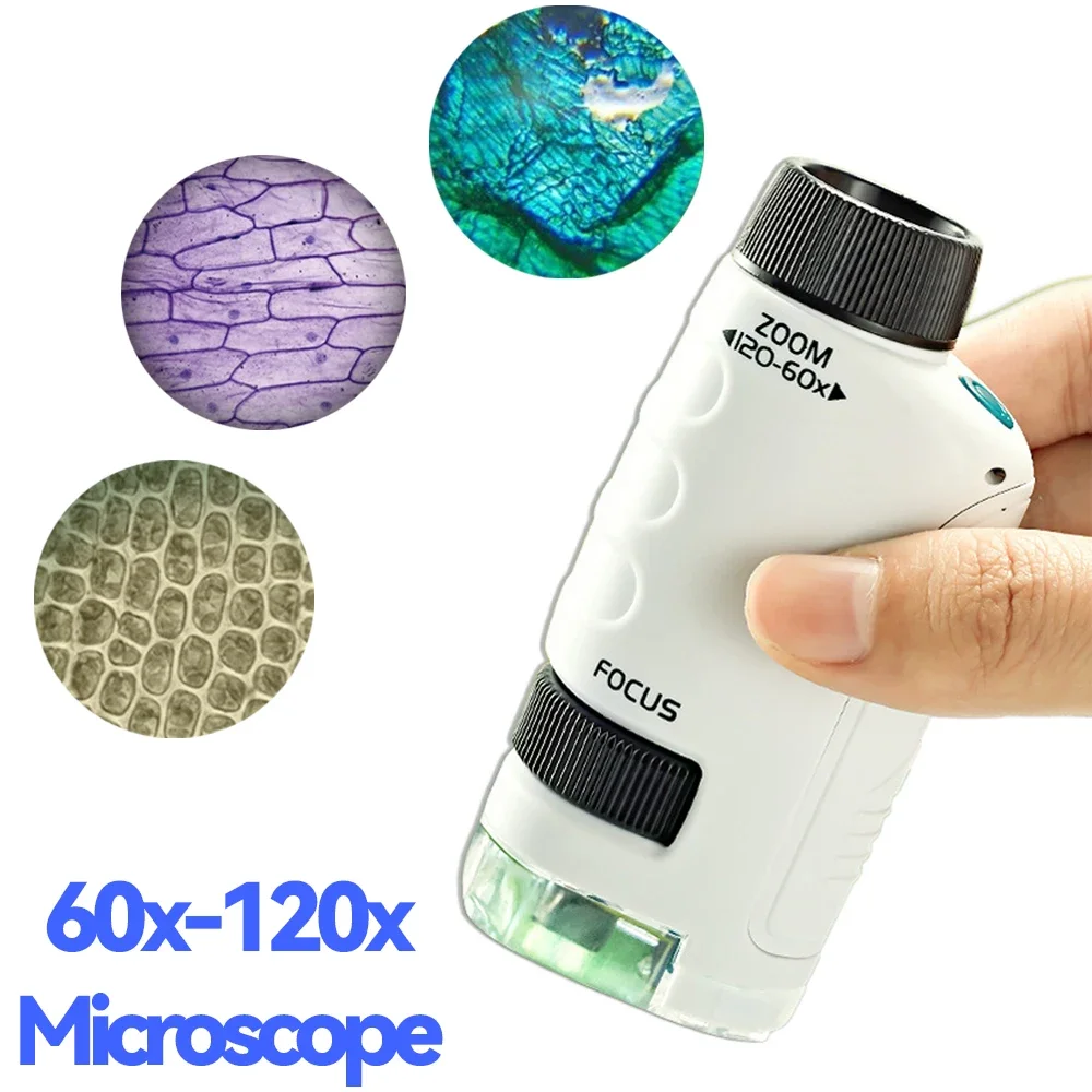 Kit de microscópio portátil laboratório luz led 60x-120x casa escola ciência biológica haste brinquedo ao ar livre crianças presente