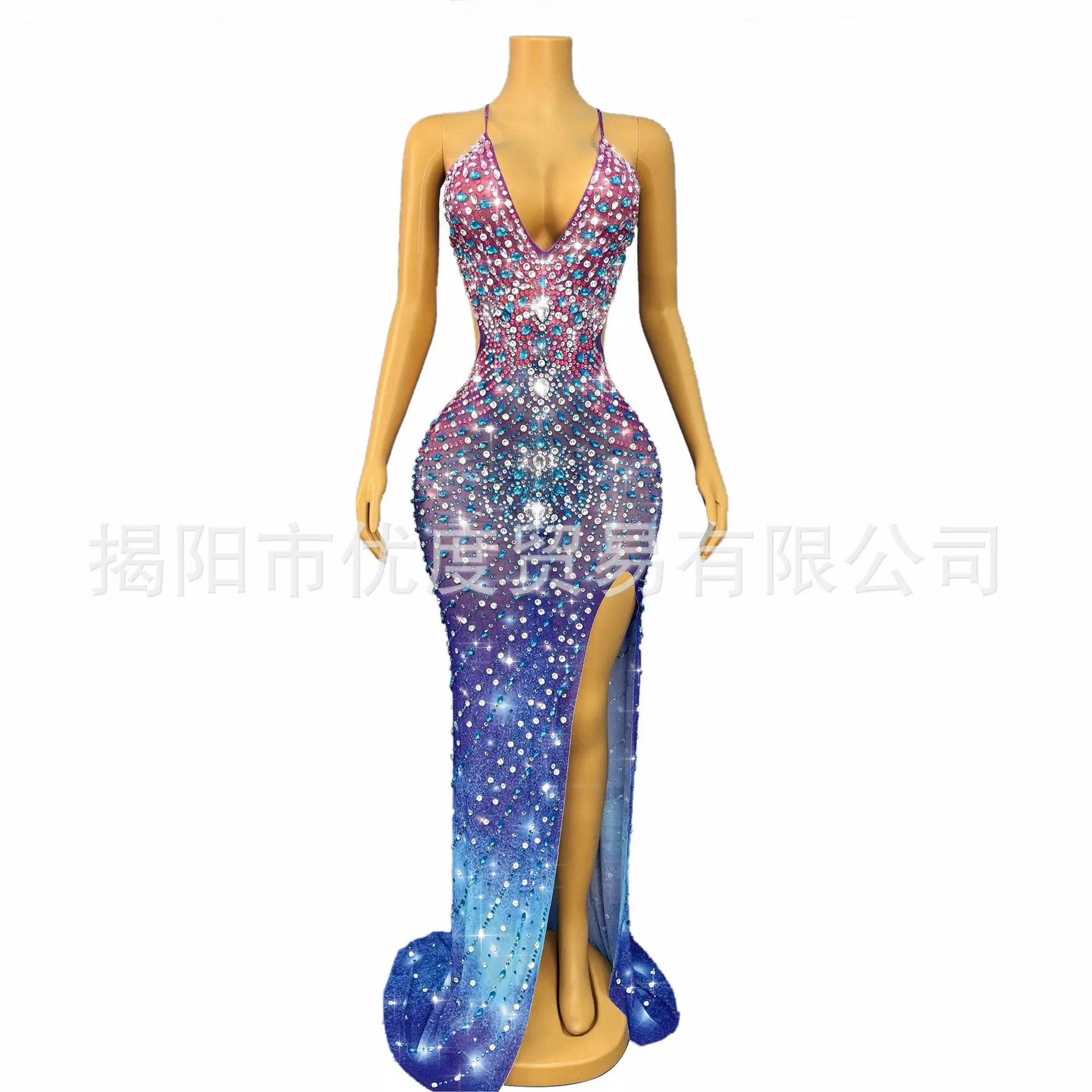 مثير حجر الراين الأرجواني التغيير التدريجي الحمالة فستان شبكة فستان عيد ميلاد الرقص أداء يبحث إلى النجوم Partykleider