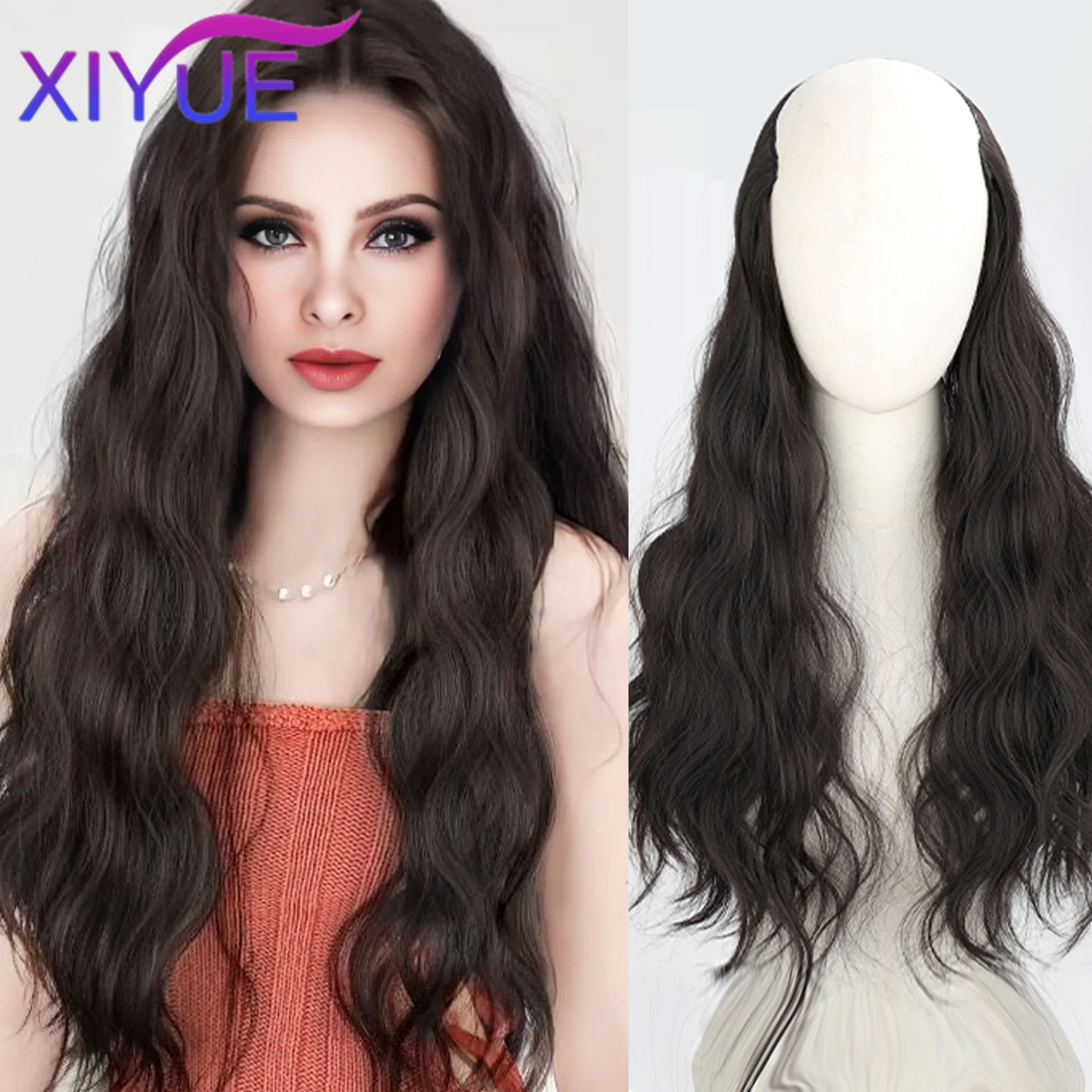 XIYUE Wig Inch Long Black Brown V-Shaped Half Wig Clip In One piece Water Wave Hair Extensions Synthetic Natural Hairpiece