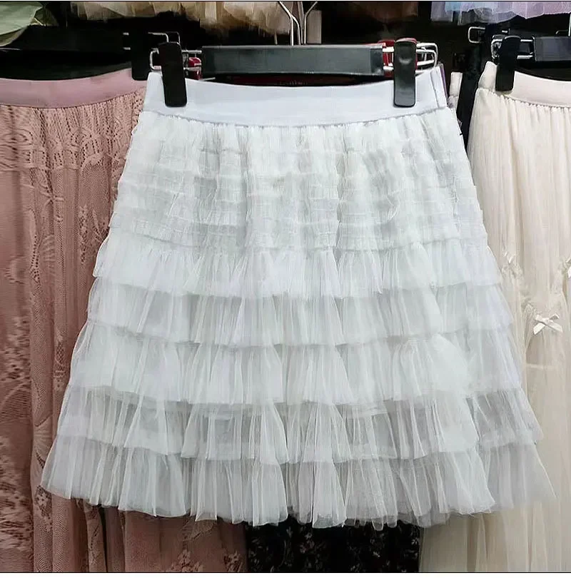 

Summer Women Elastic High Waist Tutu Short Tulle A-Line Cake Skirts Korean Fashion Sweet Fairycore Mini Ruffle Skirt Streetwear