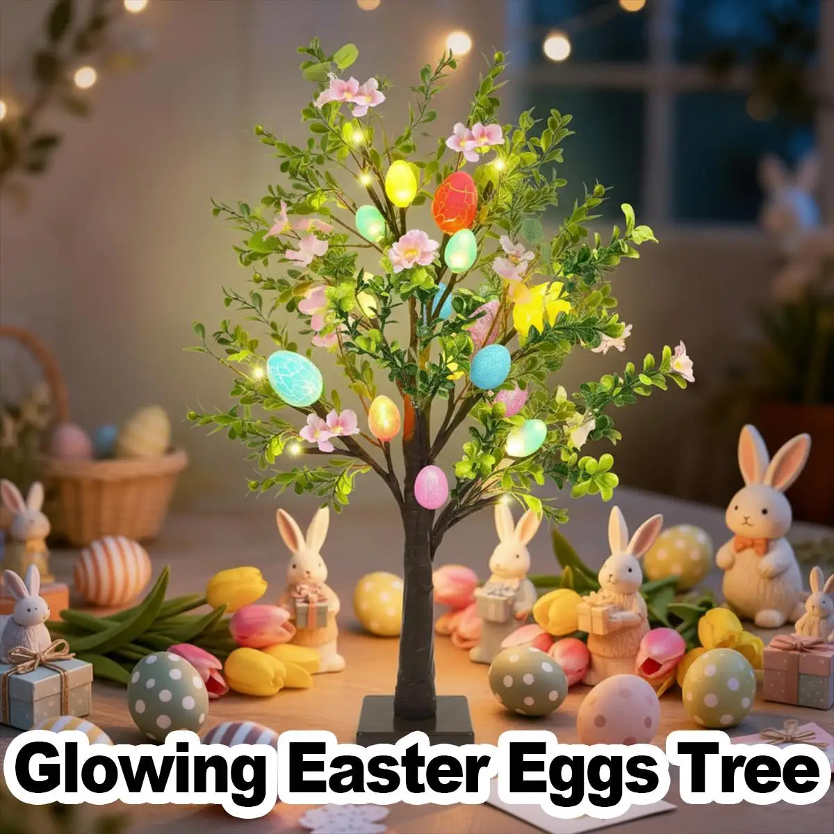Glowing Easter Eggs Tree 60cm Battery Powered LED Table Lamp with Colorful Eggs for Rustic Spring Style & Family Gathering Decor