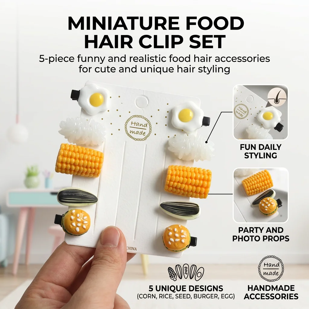 

Mini Food Hair Clips Set Realistic Rice Egg Corn Snack Design Fun Party Accessories For Kids Birthday Celebration