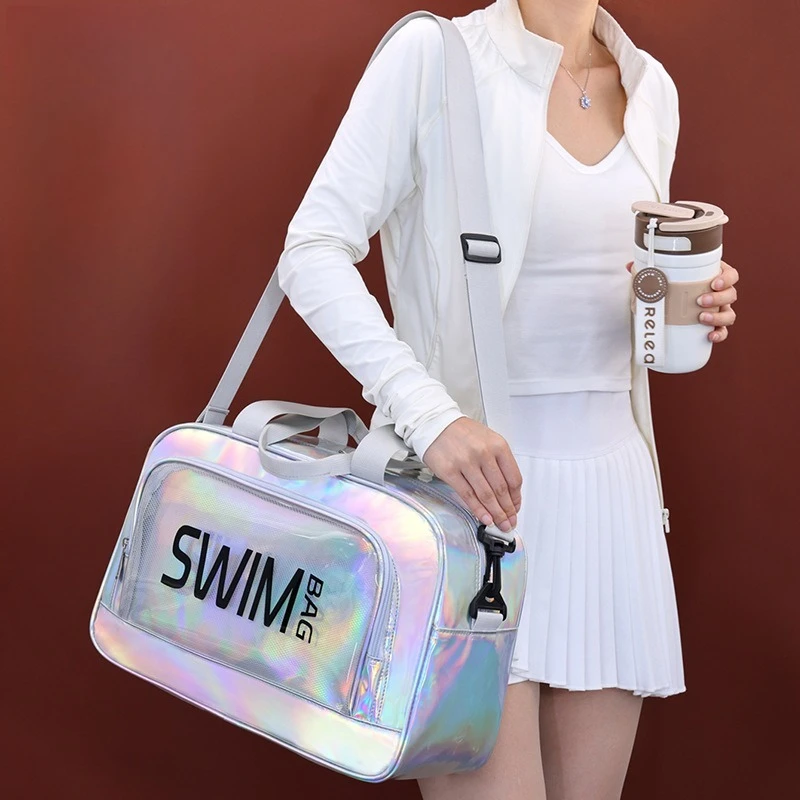 Large Capacity Clear PVC Holographic Swim Bag Separate Shoe Compartment Waterproof Travel Beach Gym Crossbody Bag