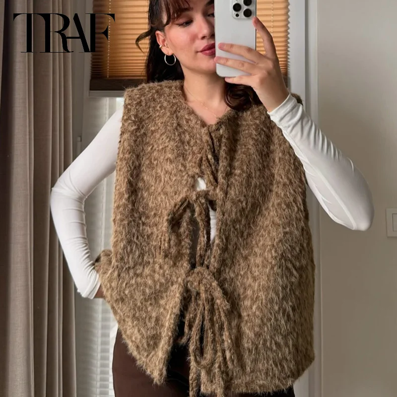 TRAF Women's Vest Tweed Bow Waistcoat Women Brown Grey Sleeveless Vest Women New Outerwear Cropped O-Neck Butterfly Vest Gillet