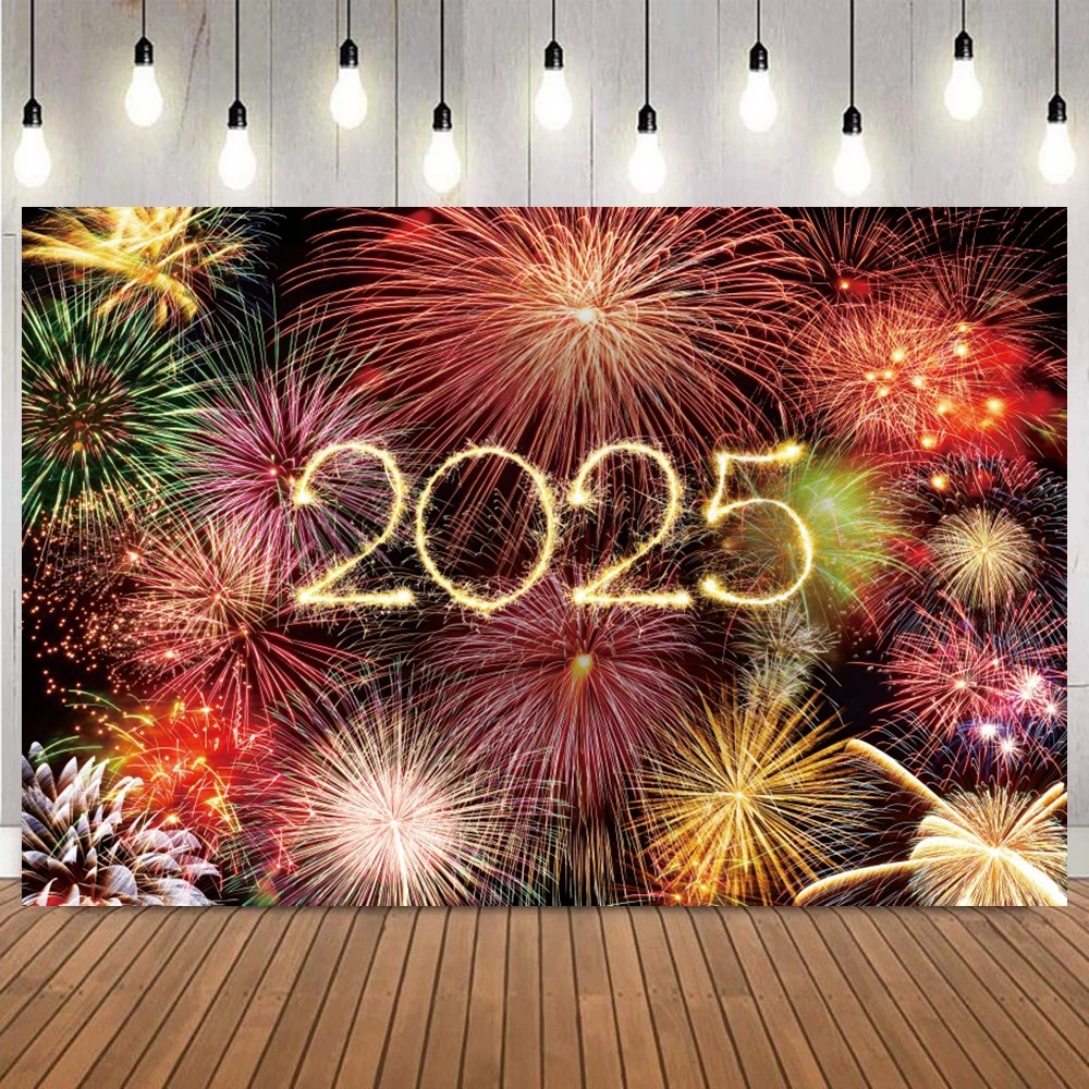 สวัสดีปีใหม่สําหรับ 2025 PARTY ฉากหลังดอกไม้ไฟนาฬิกาแชมเปญทองบอลลูน Home PARTY BANNER Decor การถ่ายภาพพื้นหลัง